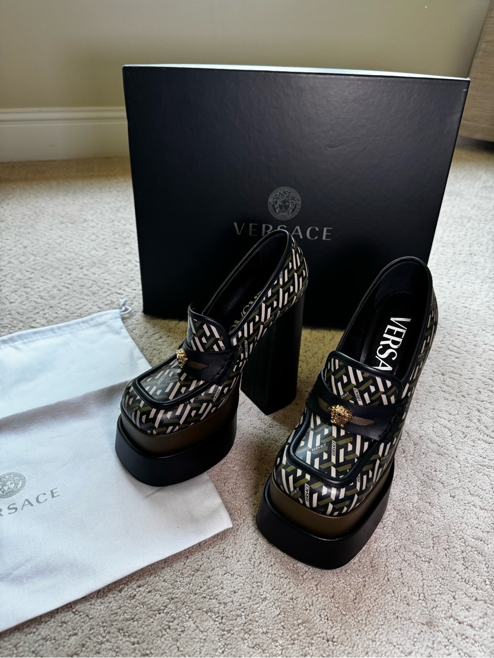 Versace Medusa Aevitas Platform Loafer Pumps with Greca pattern.